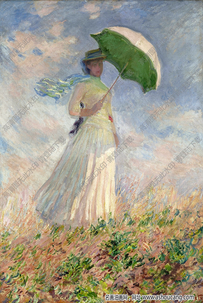莫奈油畫 撐雨傘的女人 高清大圖下載